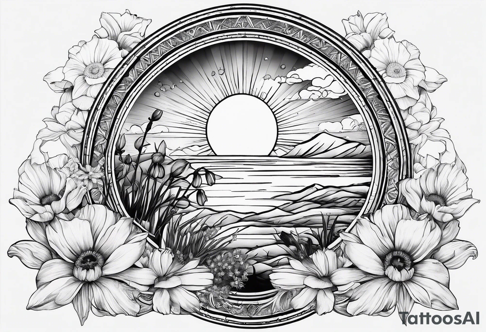 om, sparrow, sunrays, staircase, cosmos, iris, daisy tattoo idea