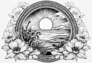 om, sparrow, sunrays, staircase, cosmos, iris, daisy tattoo idea