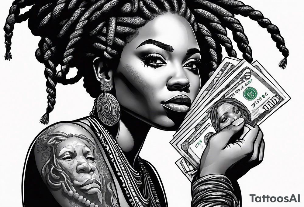 African woman with dreads medusa biting money tattoo idea