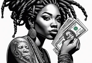 African woman with dreads medusa biting money tattoo idea