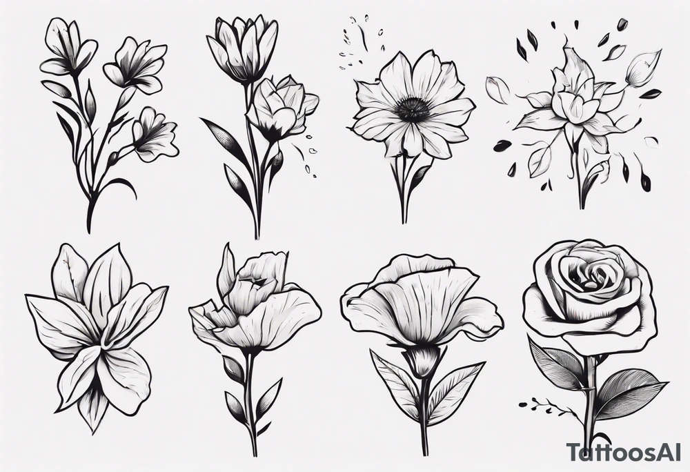 5 flower bouquet with 1 October flower, 1 may flower, 1 July flower, 1 January flower, and 1 September flower tattoo idea
