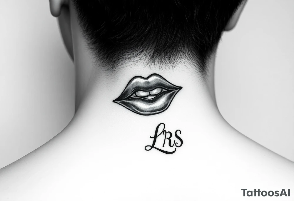 Feminine lip stain tattooed on the neck with the initials lrs beside it tattoo idea