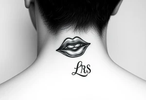 Feminine lip stain tattooed on the neck with the initials lrs beside it tattoo idea