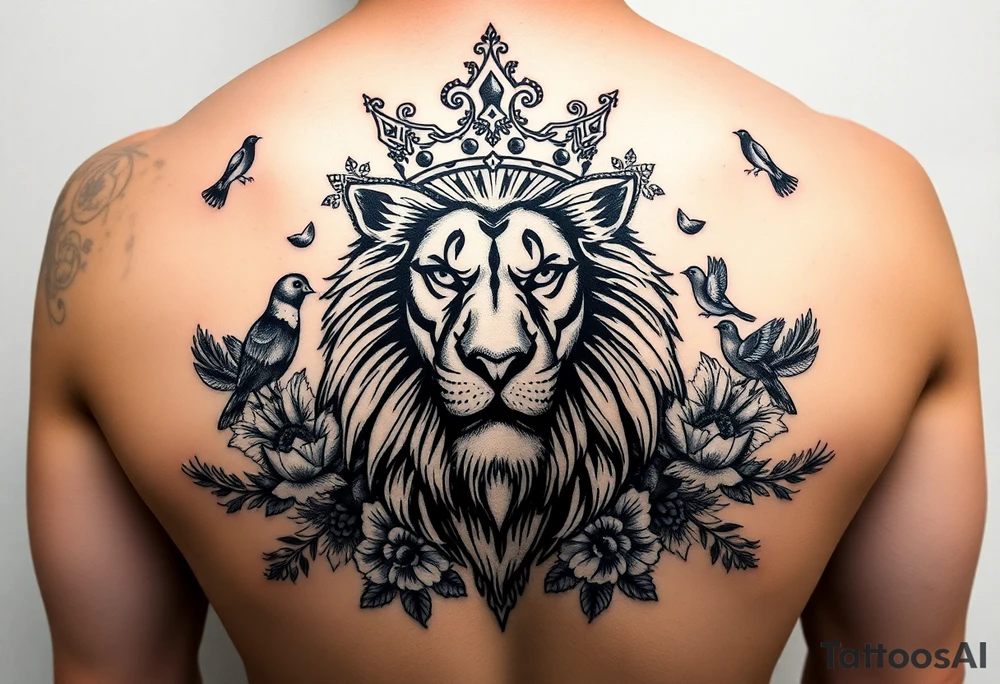 powerful majestic lion with a crown, surrounded by floral ornaments and birds tattoo idea