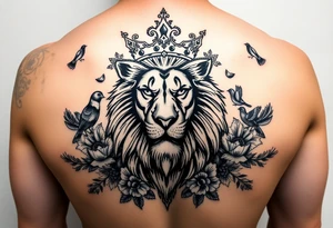 powerful majestic lion with a crown, surrounded by floral ornaments and birds tattoo idea