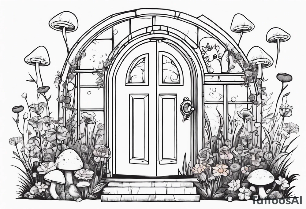 Mystical garden with door and potions and a rabbit and flowers and mushrooms tattoo idea