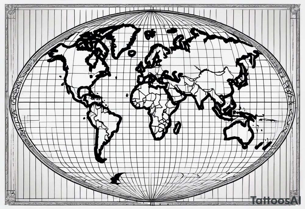 flat map of the earth with lines of a grid not shaded in with no bolding with the countries with accurate borders tattoo idea