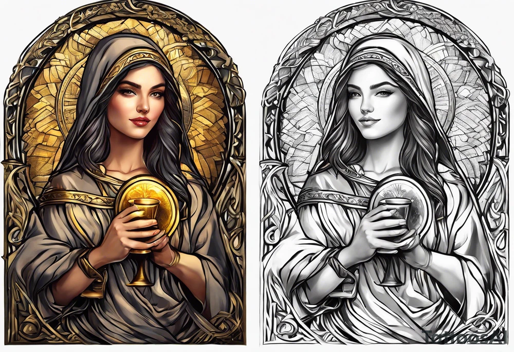 woman saint holding chalice surrounded by golden halo portrait tattoo idea