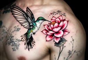 hummingbird drinking from lotus flower (Red and black colors only) tattoo idea