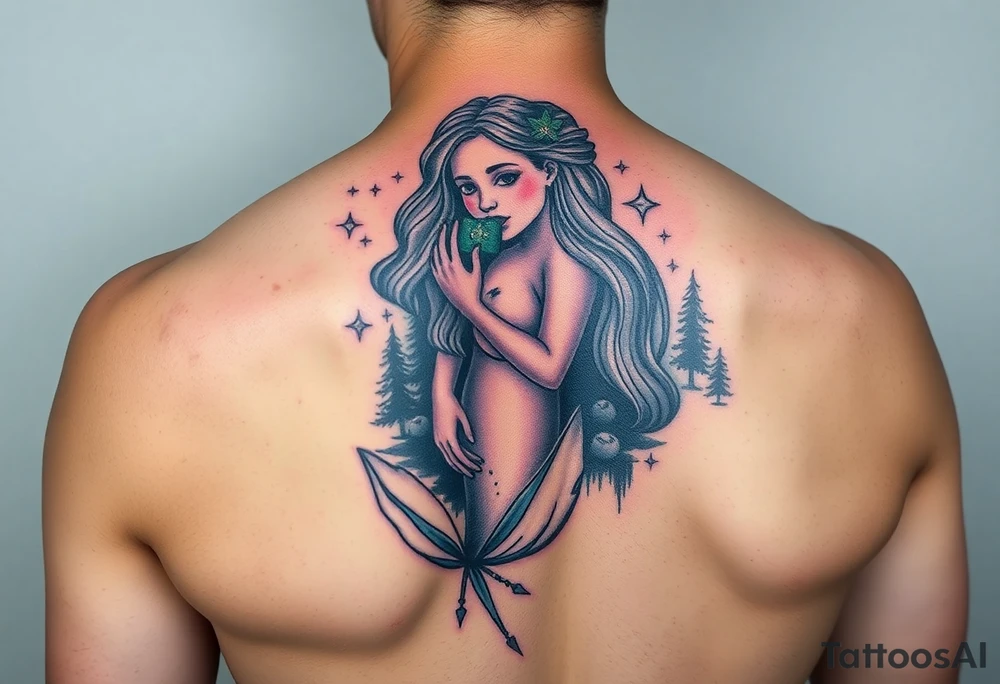 color tattoo on shoulder mermaid and forest around with starry sky tattoo idea