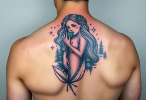 color tattoo on shoulder mermaid and forest around with starry sky tattoo idea