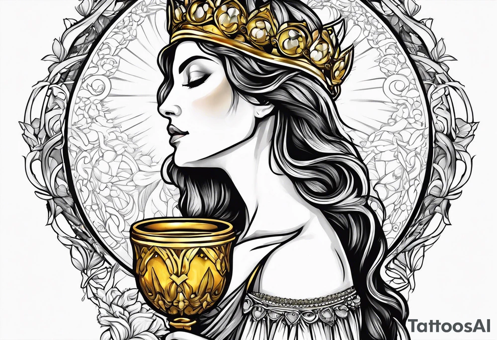 holy saint woman turned away with golden halo holding a chalice tattoo idea