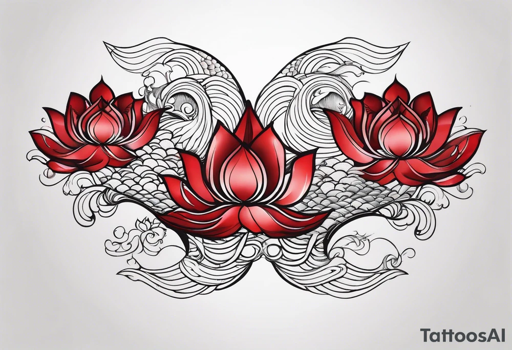 twin coi fish red and black with waves and lotus flowers tattoo idea