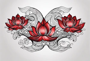 twin coi fish red and black with waves and lotus flowers tattoo idea