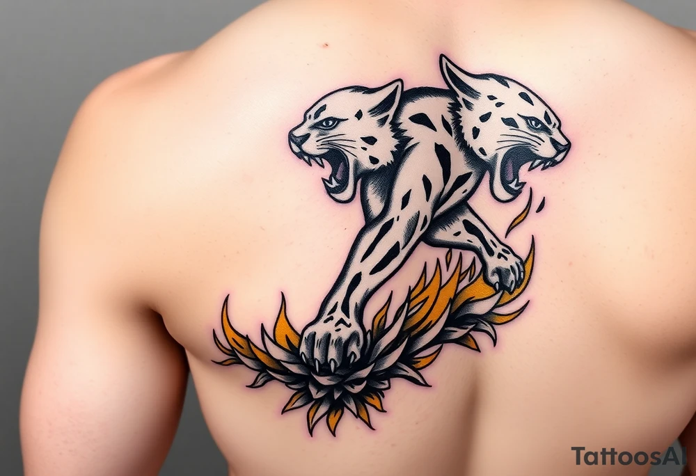 magnificent panther rising from golden flames with trailing embers tattoo idea