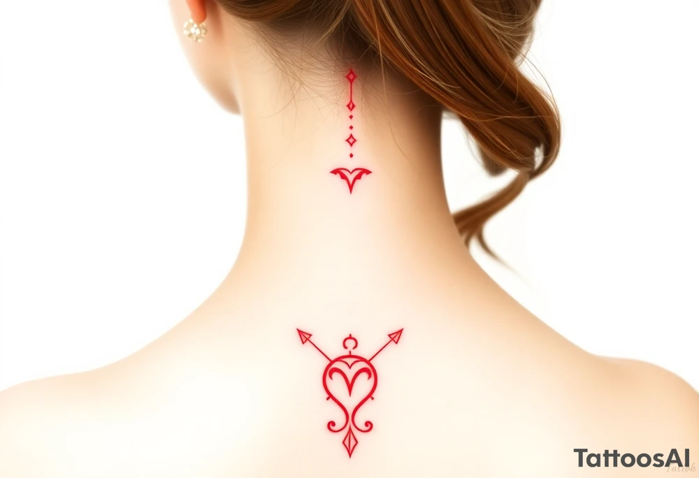 Tattoo that combines the star sign Taurus and Libra ,in red , down the spine tattoo idea