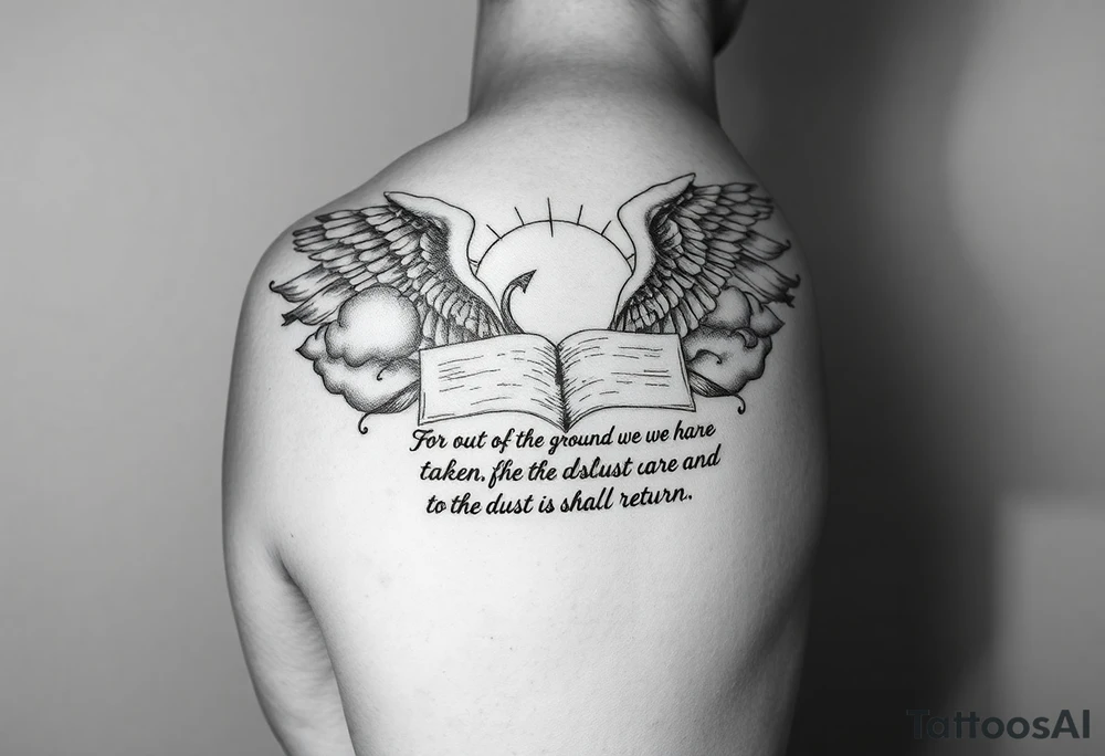 A black and white tattoo that will be placed in the forearm, the tattoo is based on biblical images such as clouds, angels, wings, gods hands, wisdom, glory and a journal pages style with a text reading “For out of the ground we were taken for the dust we are and to the dust we shall return” tattoo idea