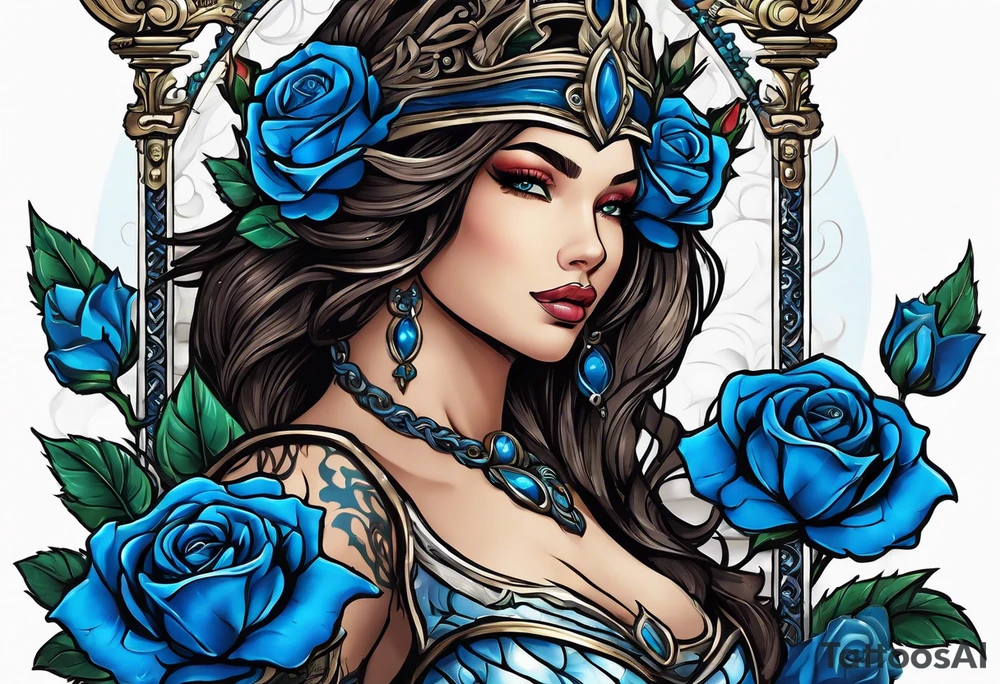 Justicia Goddess Tattoo  frame blue roses, scales and a sword, blindfolded. tattoo idea