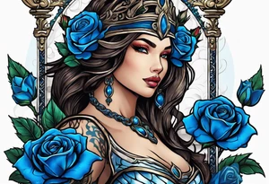 Justicia Goddess Tattoo  frame blue roses, scales and a sword, blindfolded. tattoo idea