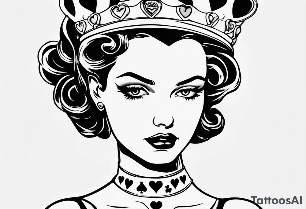 pin-up queen of hearts with blank eyes and a crown tattoo idea