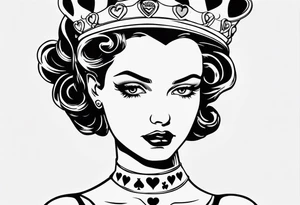 pin-up queen of hearts with blank eyes and a crown tattoo idea