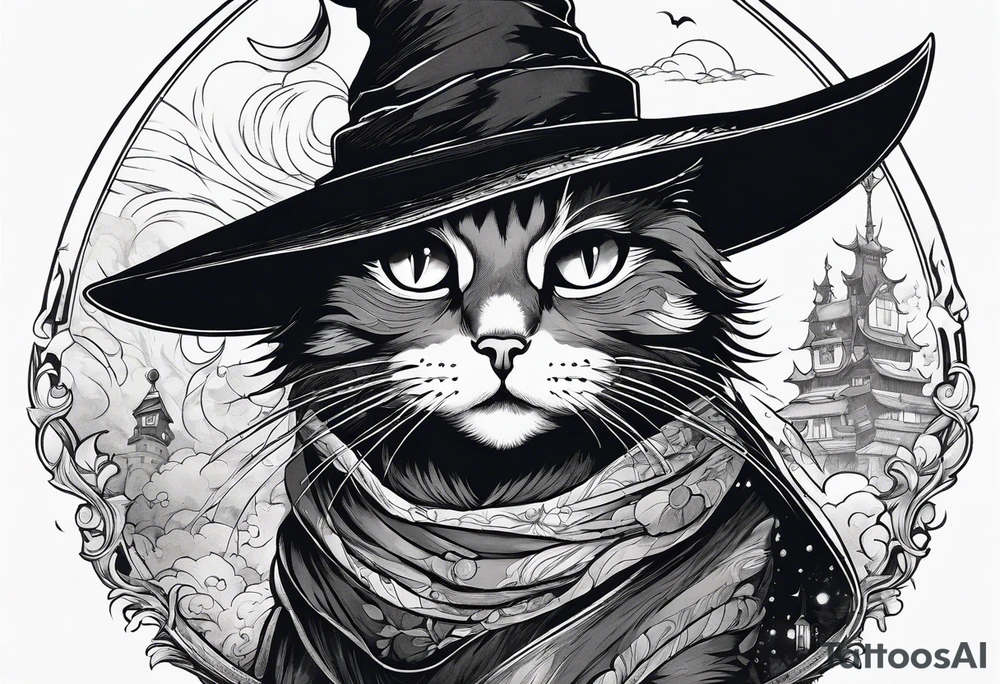 Cat witch looking suspiciously off into the horizon tattoo idea
