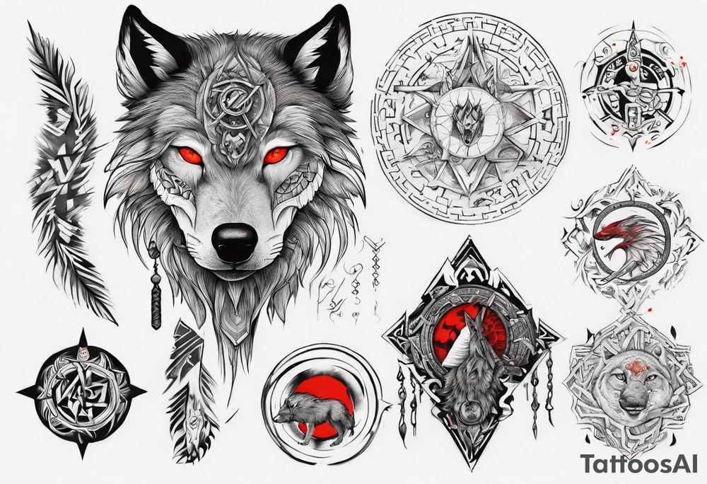 want a half sleeve on my left forearm featuring a side profile of wolf with a vegvisir for its eye and red eye, surrounded by Māori patterns and Norse symbols tattoo idea
