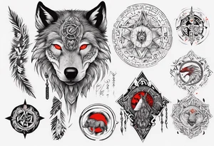 want a half sleeve on my left forearm featuring a side profile of wolf with a vegvisir for its eye and red eye, surrounded by Māori patterns and Norse symbols tattoo idea