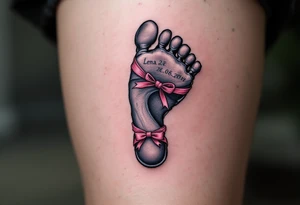 A tiny footprint in soft gray with a pink ribbon tied around it, personalized with a birthdate Lena 26. 03. 2019. tattoo idea