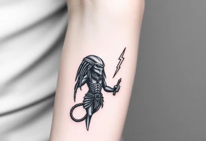 Predator with staff pointing towards sky with lighting bolt tattoo idea