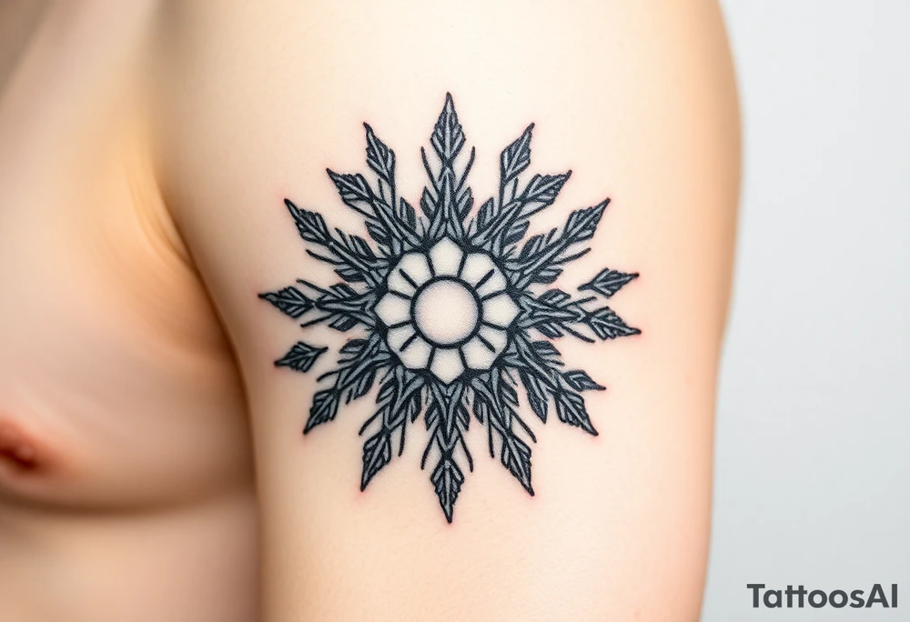 A sun in the form of a snow flake tattoo idea