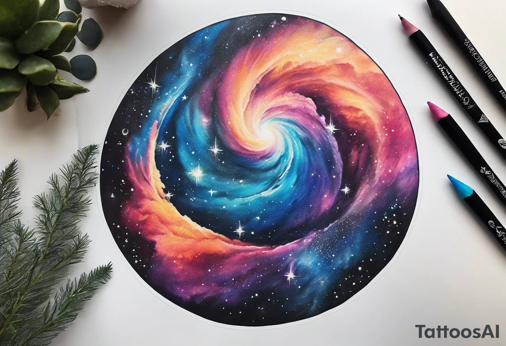 I want a spiral nebula space galaxy tattoo that's colorful and bright and cute and is nice to look at I don't want a traditional circle I want it like the ones thay look like an s shape and this tattoo will be on my left buttcheek and light colors I want more spread and less circle tattoo idea