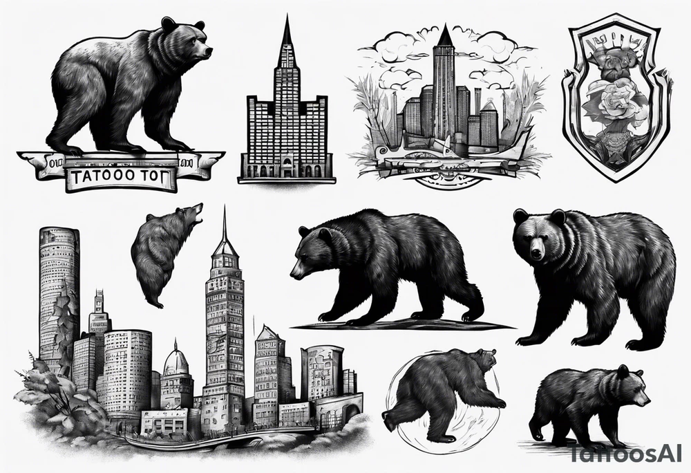 Serious bear coming up behind a city tattoo idea