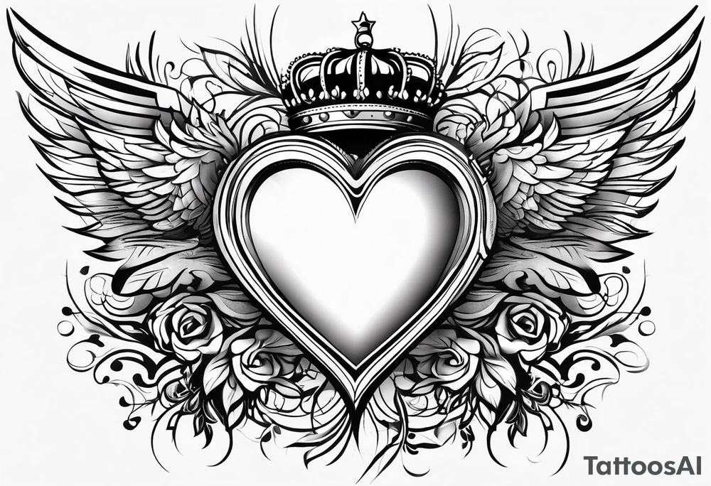 Heart, kings crown and wings tattoo idea