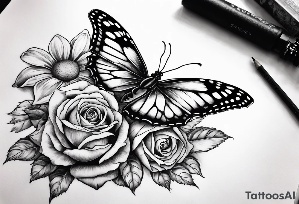 Butterfly, sunflower, camera, book, flower rose tattoo idea Butterfly, sunflower, camera, book, flower rose tattoo idea