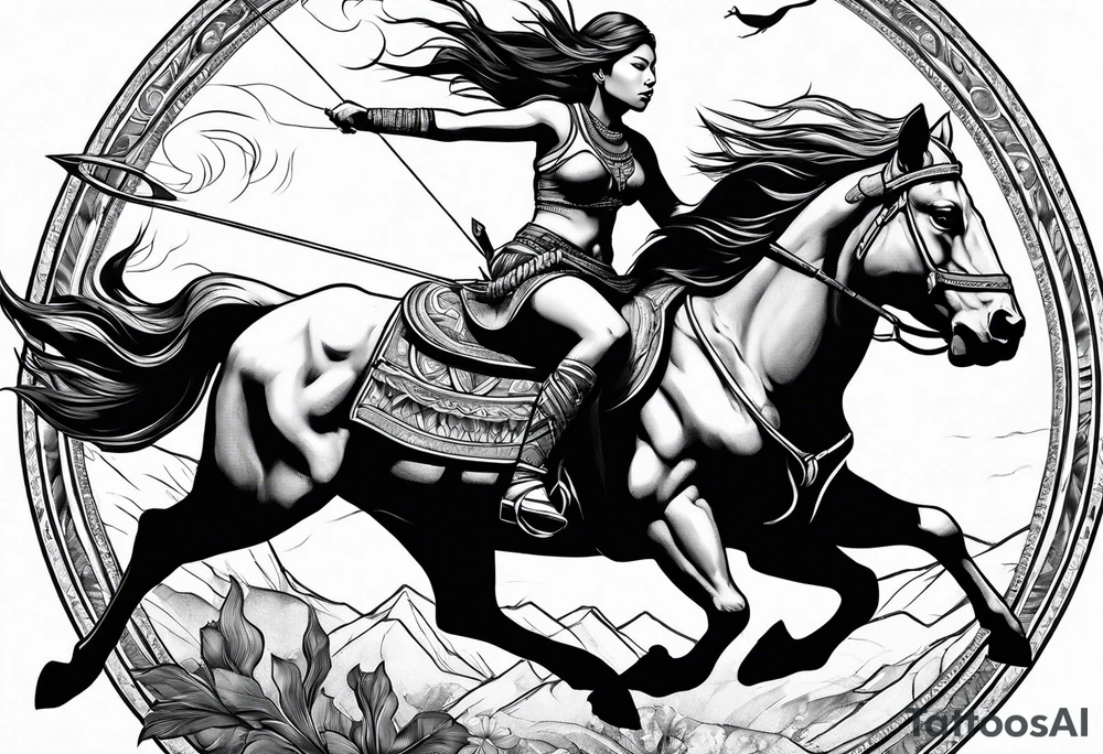 native woman female archer riding on buffalo tattoo idea