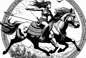 native woman female archer riding on buffalo tattoo idea