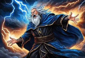 Yelling wizard directing a lightning strike with blue lightning and a black cloak tattoo idea
