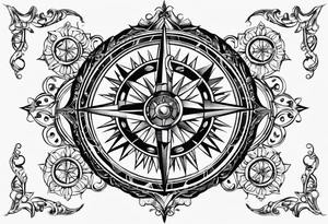 a classic compass rose as the central element,Overlaying the compass rose is a simplified molecular structure of serotonin tattoo idea