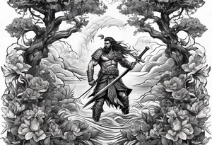 A mural with an water theme, a tree growing up out of the garden and a warrior defending tattoo idea