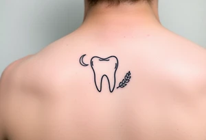Tiny line-art molar tooth outlined in black with a crescent moon on one side and a single leaf on the other, minimal dot-work texture, elegant and dainty tattoo idea