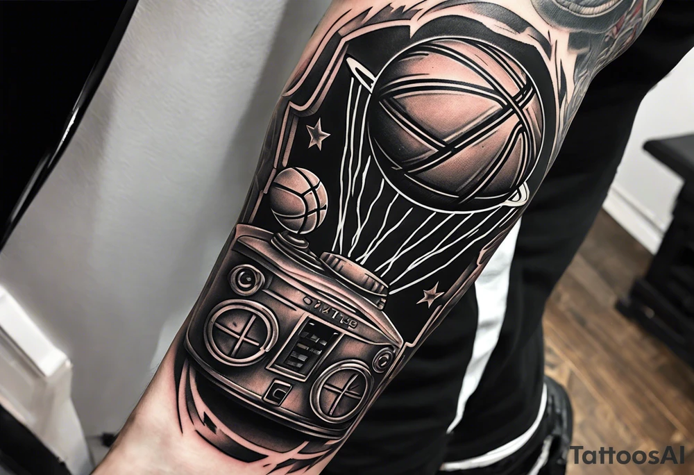 A forearm tattoo that includes a basketball hoop and a cross and a video game controller tattoo idea