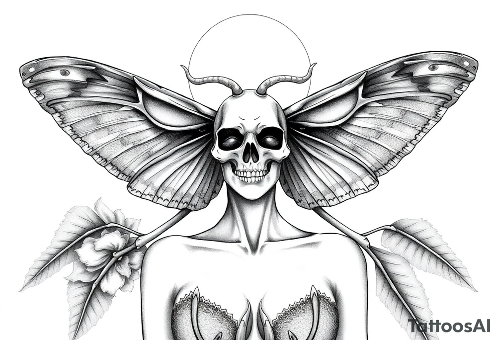 ethereal lunar moth resemblance powerfully sexy depiction of the goddess estate nude full frontal with exotic erotic lingerie orgasmic stare realistic the hottest depiction of the goddess of Love and war basking in the sun high above half a face bone skeleton tattoo idea