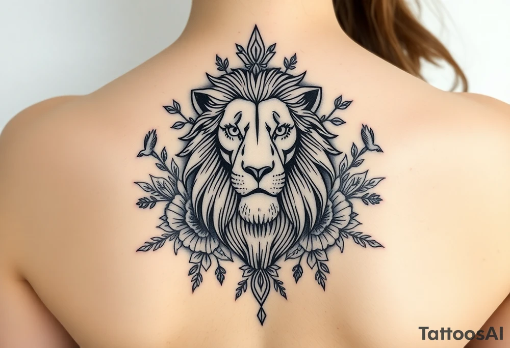 powerful majestic lion with a crown, surrounded by floral ornaments and birds tattoo idea