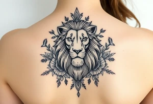 powerful majestic lion with a crown, surrounded by floral ornaments and birds tattoo idea