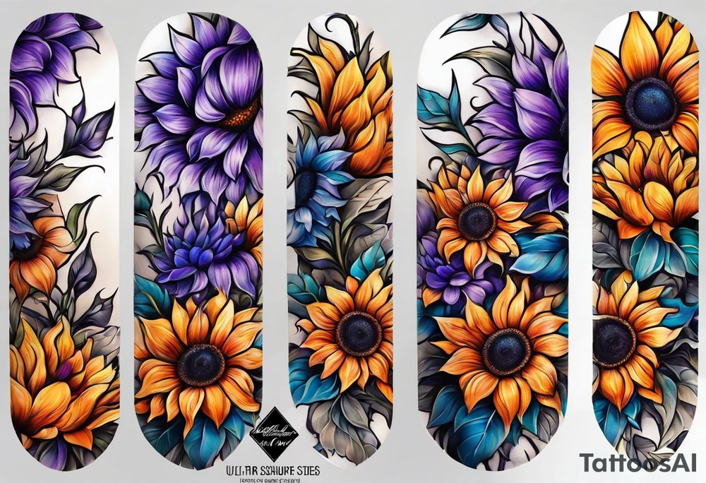 Full arm sleeve with purple, orange and blue sunflowers tattoo idea