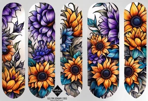 Full arm sleeve with purple, orange and blue sunflowers tattoo idea