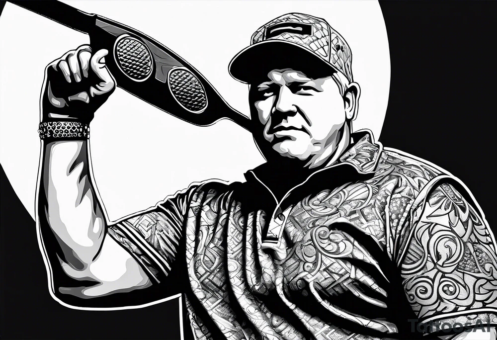 Professional golfer John Daly wearing the Infinity Gauntlet on one hand and holding a putter in the other hand. tattoo idea