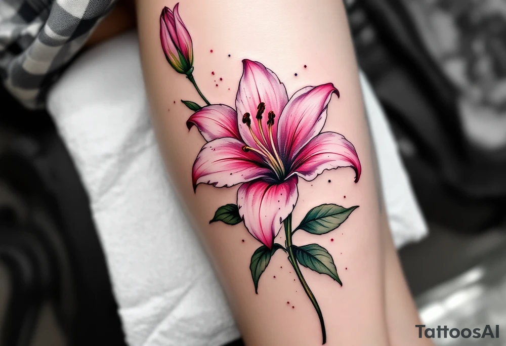 This image showcases a beautifully detailed Stargazer lily tattoo on a person’s leg. The tattoo features a fully bloomed pink lily with delicate shading and intricate petal details, giving it a realistic appearance. The petals have a soft gradient of pink with darker edges and speckled markings, characteristic of Stargazer lilies.

The design also includes a budding flower at the top, adding depth and a sense of natural growth. The green leaves and stem provide contrast, making the pink petals stand out. Surrounding the flower are subtle ink splashes or dot work, enhancing the watercolor effect and giving the tattoo a soft, artistic touch.

Overall, this tattoo exudes elegance, femininity, and a deep connection to nature, often symbolizing passion, prosperity, and celebration. Let me know if you’d like a custom design based on this style! tattoo idea