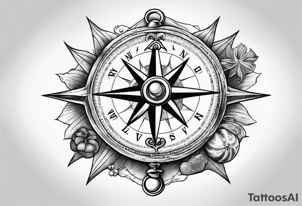 Pirate themed compass with oyster and pearl and a starfish as the directions on the compass tattoo idea